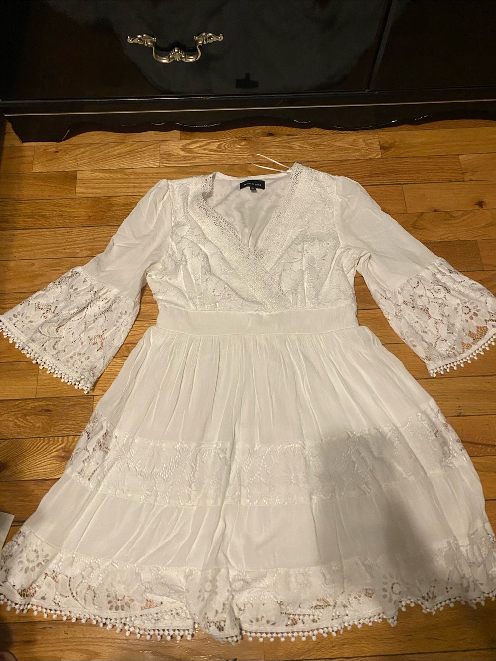 White Lace Trim V-Neck Women's Dress